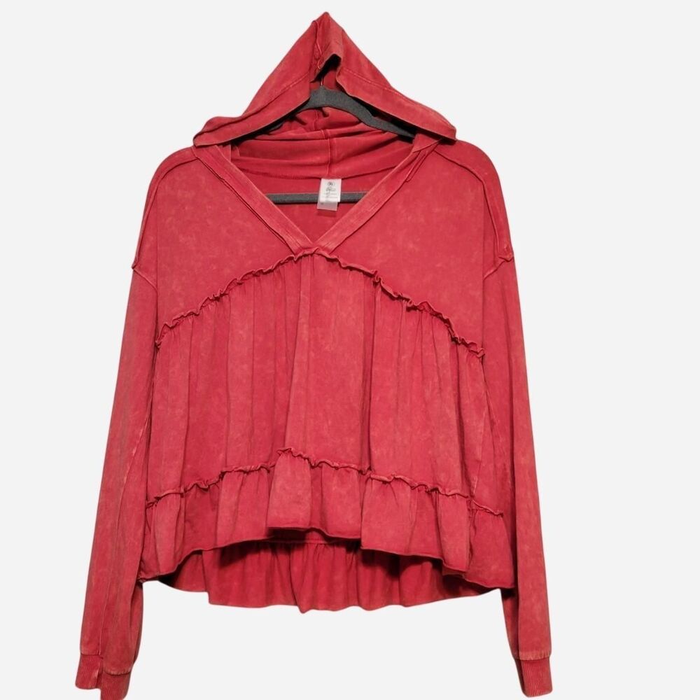 AS Revival Women's XS Oversized Red V neck Ruffle Hoodie Cozy Femme Boho